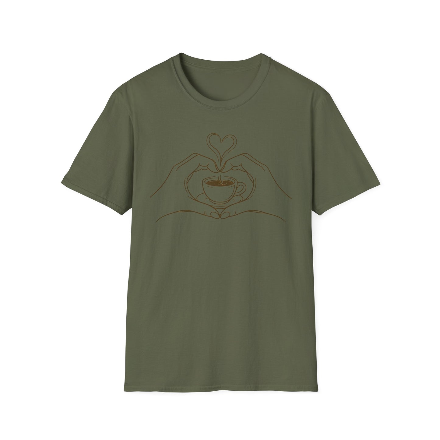 Coffee Lover T-Shirt — Minimal Line Art Hands Forming Heart Around Cup