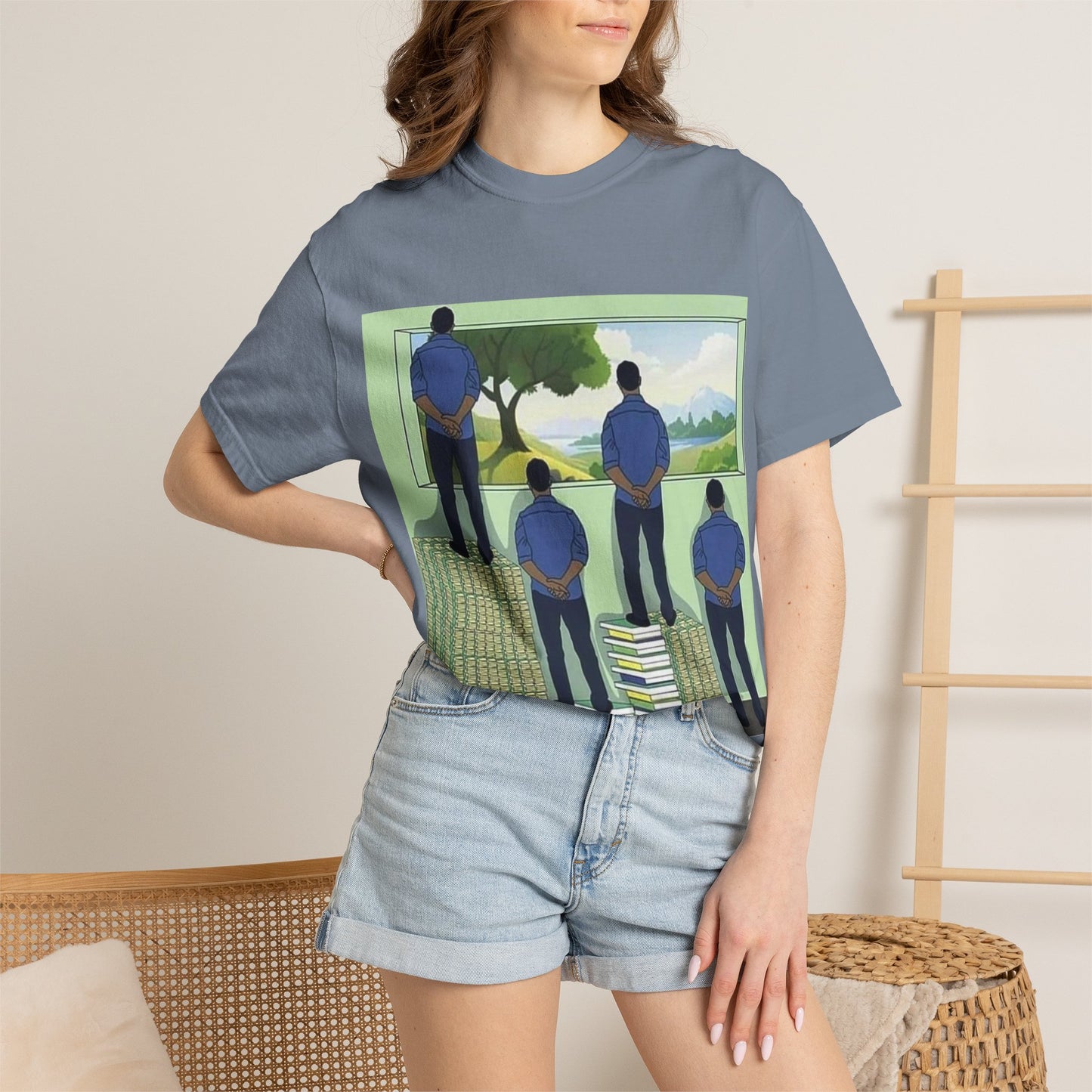 T-Shirt — 'Perspective' Graphic Tee (Figures Over Stacks, Scenic Window)