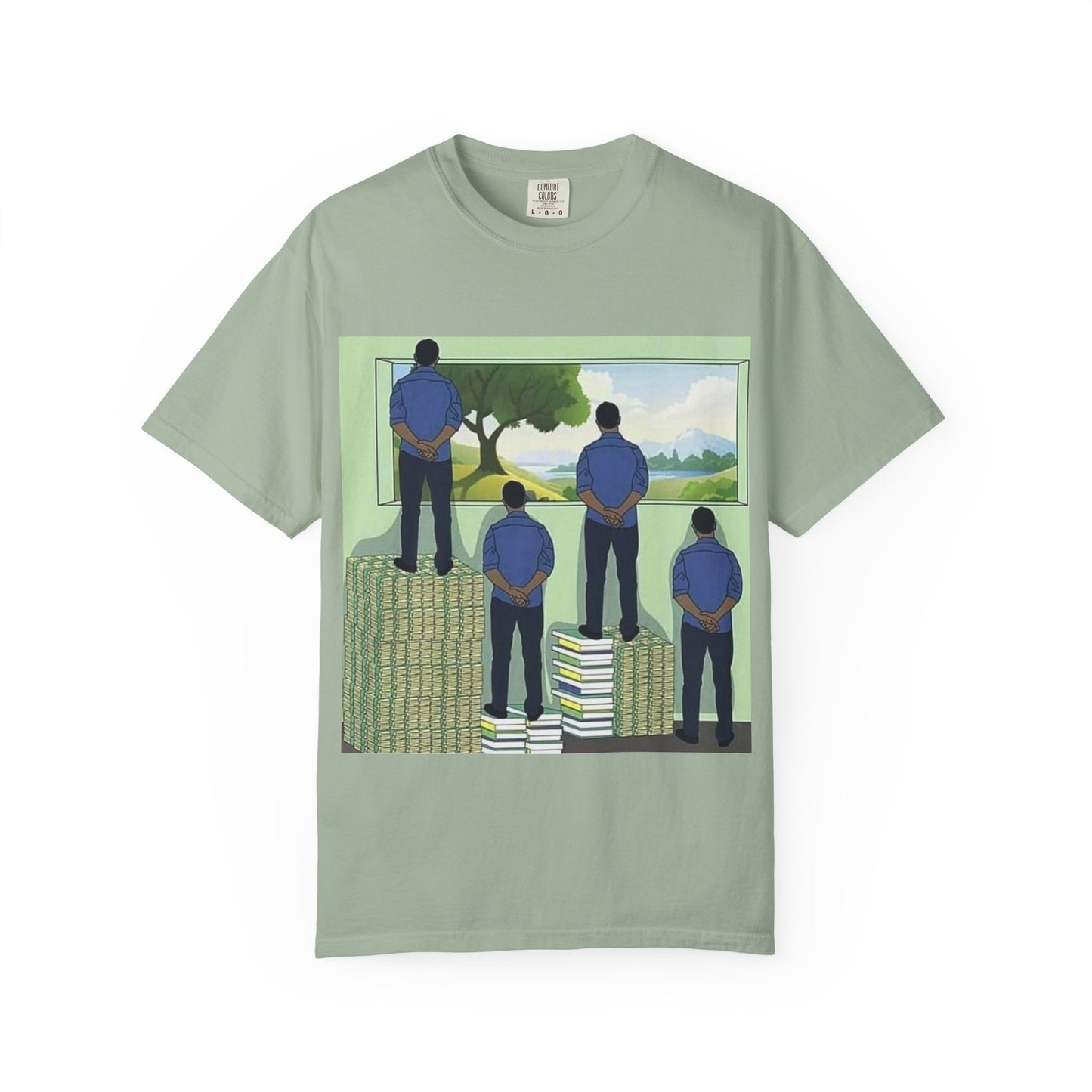 T-Shirt — 'Perspective' Graphic Tee (Figures Over Stacks, Scenic Window)