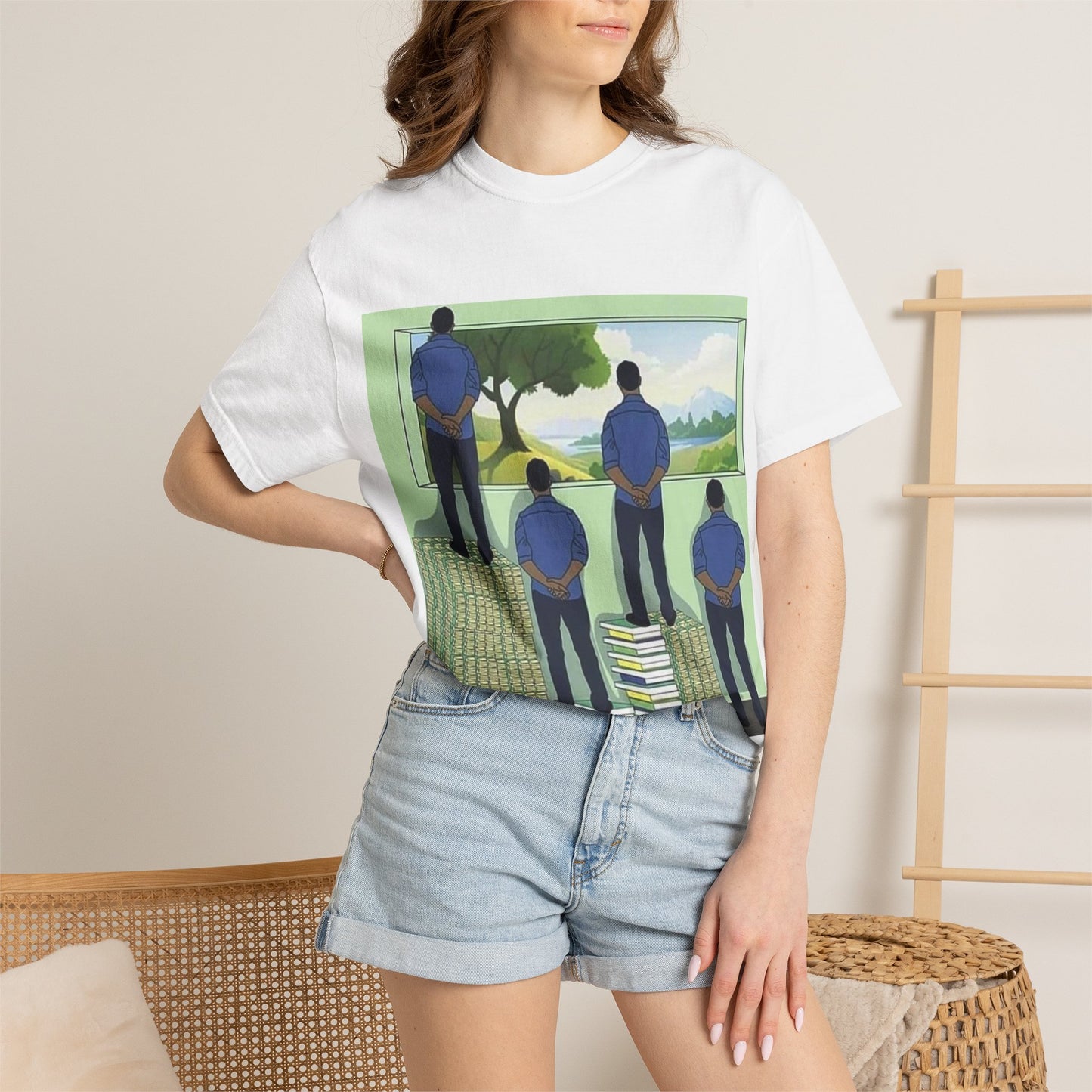 T-Shirt — 'Perspective' Graphic Tee (Figures Over Stacks, Scenic Window)