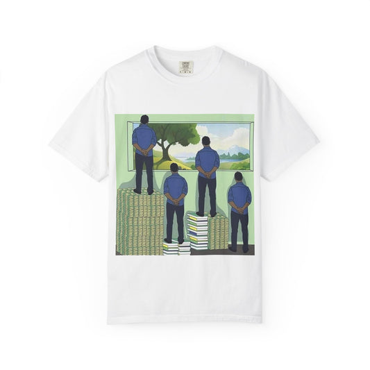 T-Shirt — 'Perspective' Graphic Tee (Figures Over Stacks, Scenic Window)