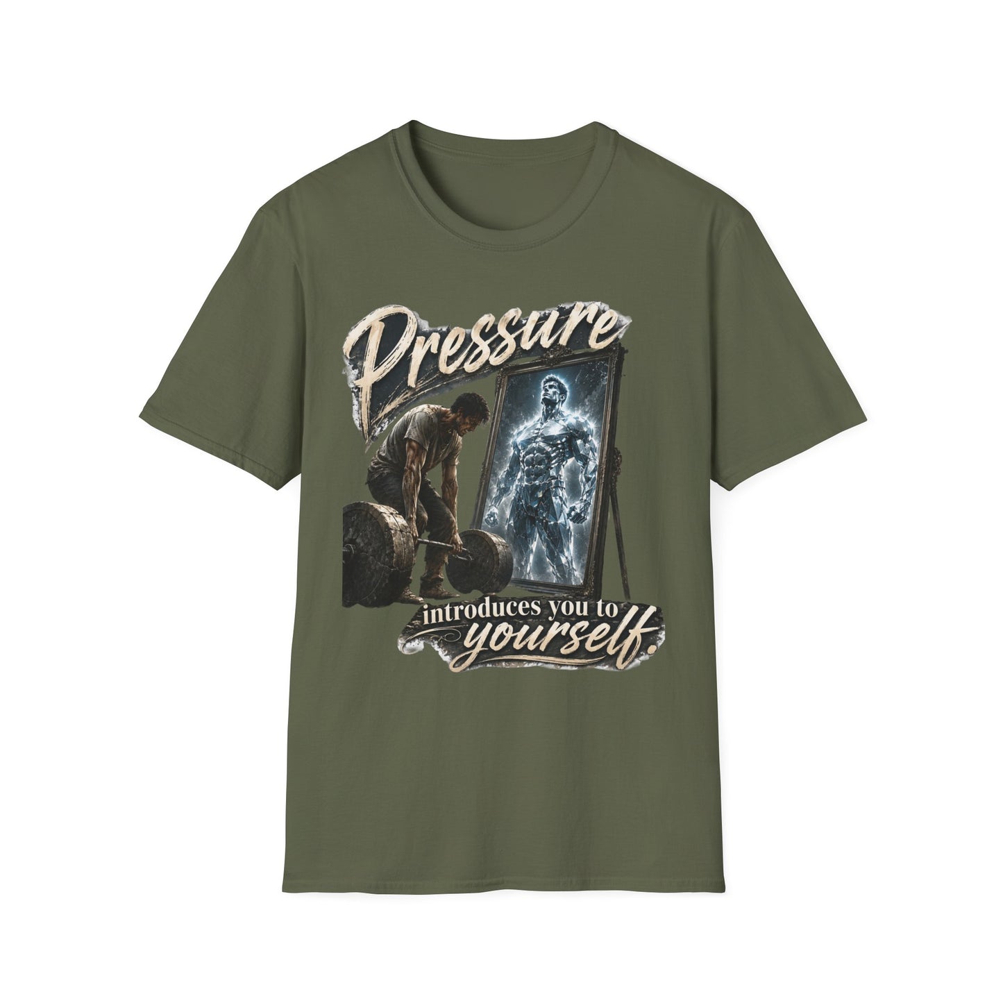 T-Shirt — "Pressure" Motivational Graphic Tee ('Introduce Yourself' Mirror Design)