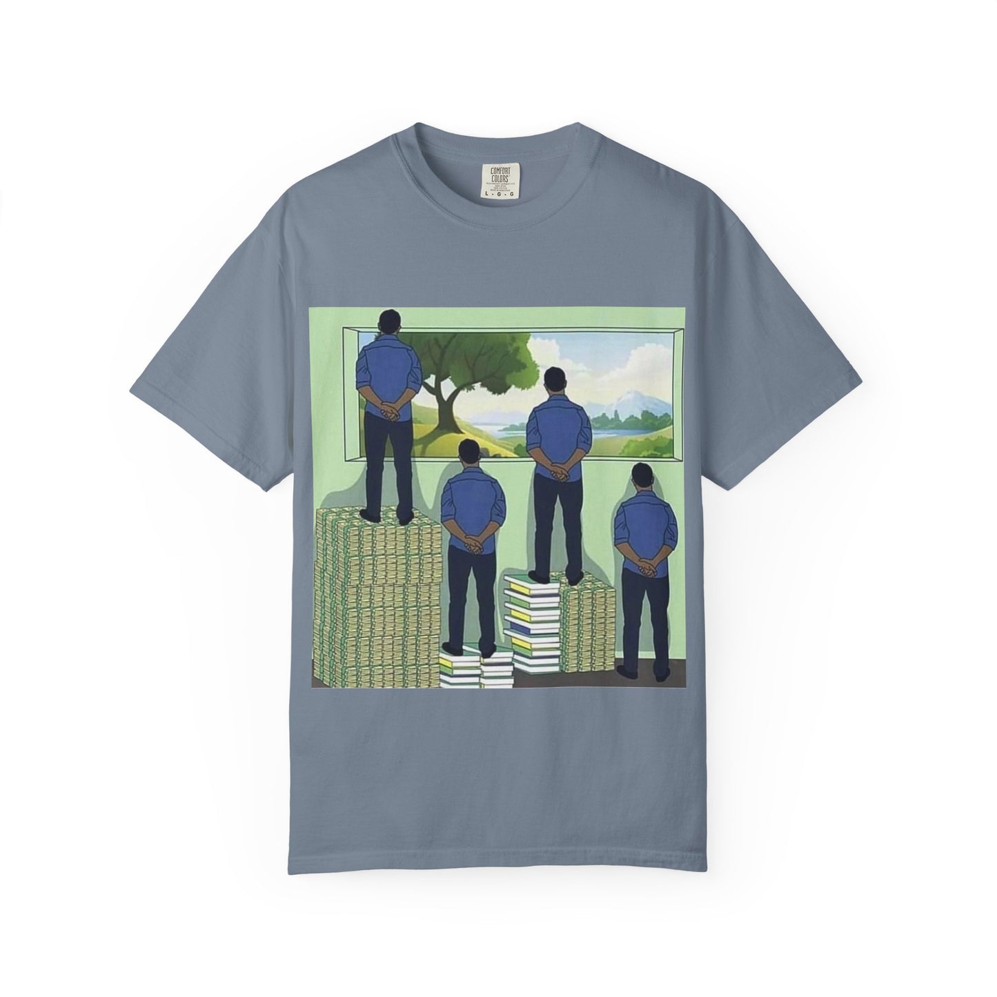 T-Shirt — 'Perspective' Graphic Tee (Figures Over Stacks, Scenic Window)