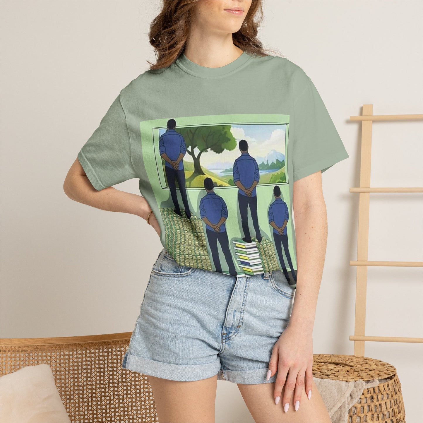 T-Shirt — 'Perspective' Graphic Tee (Figures Over Stacks, Scenic Window)