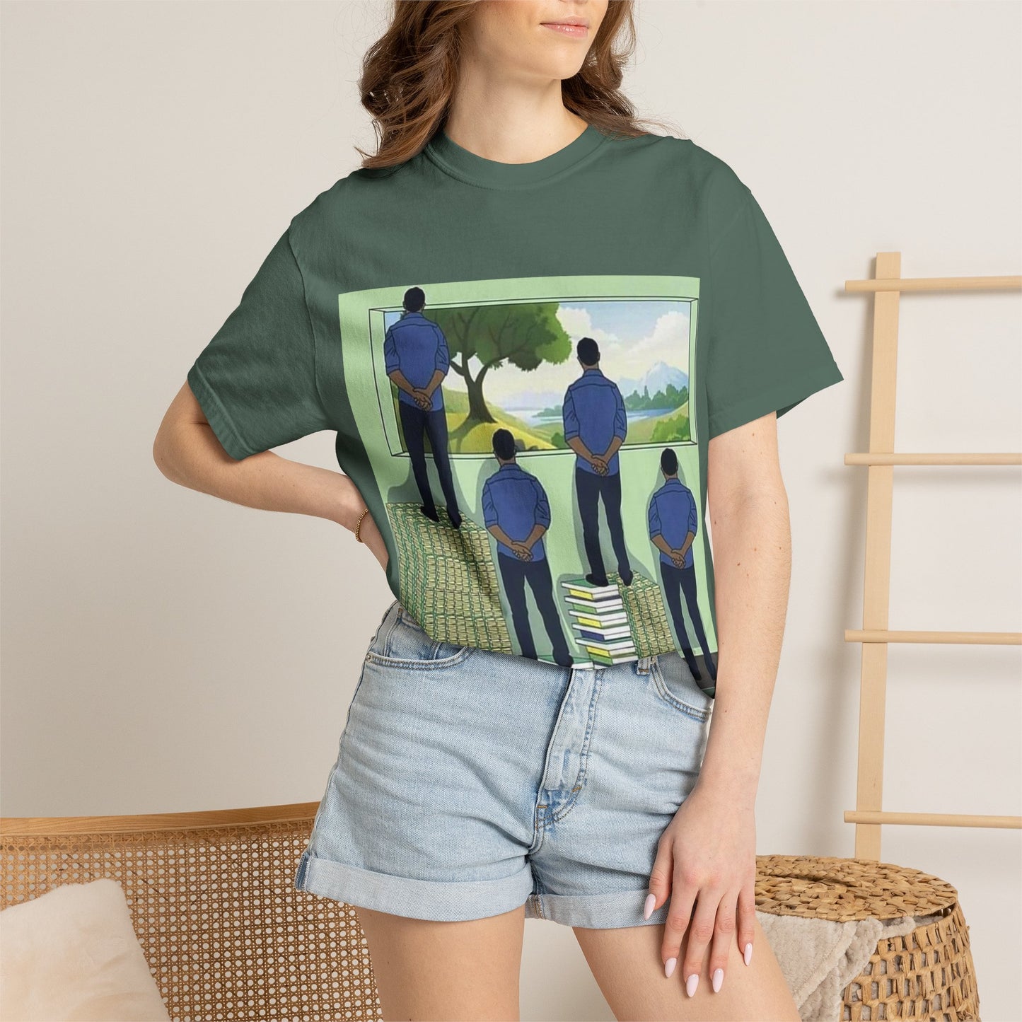T-Shirt — 'Perspective' Graphic Tee (Figures Over Stacks, Scenic Window)