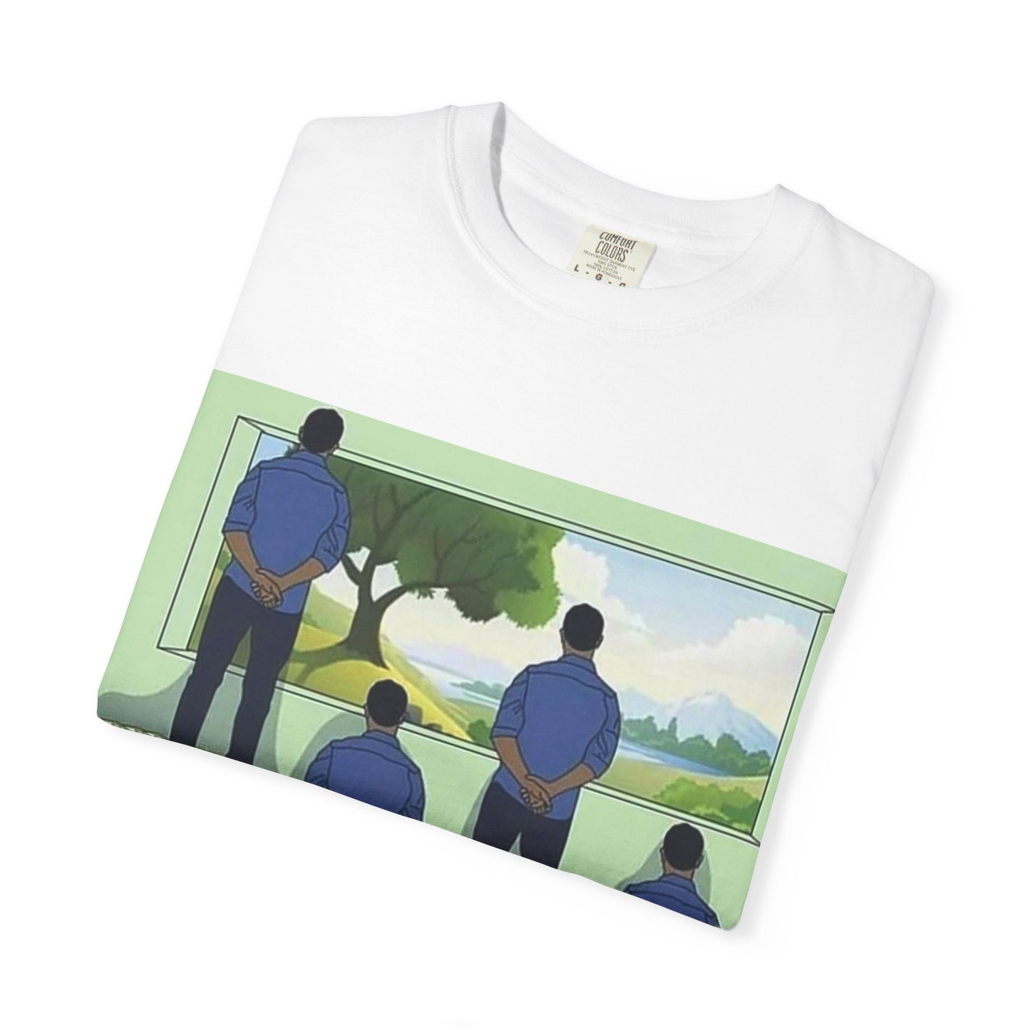 T-Shirt — 'Perspective' Graphic Tee (Figures Over Stacks, Scenic Window)