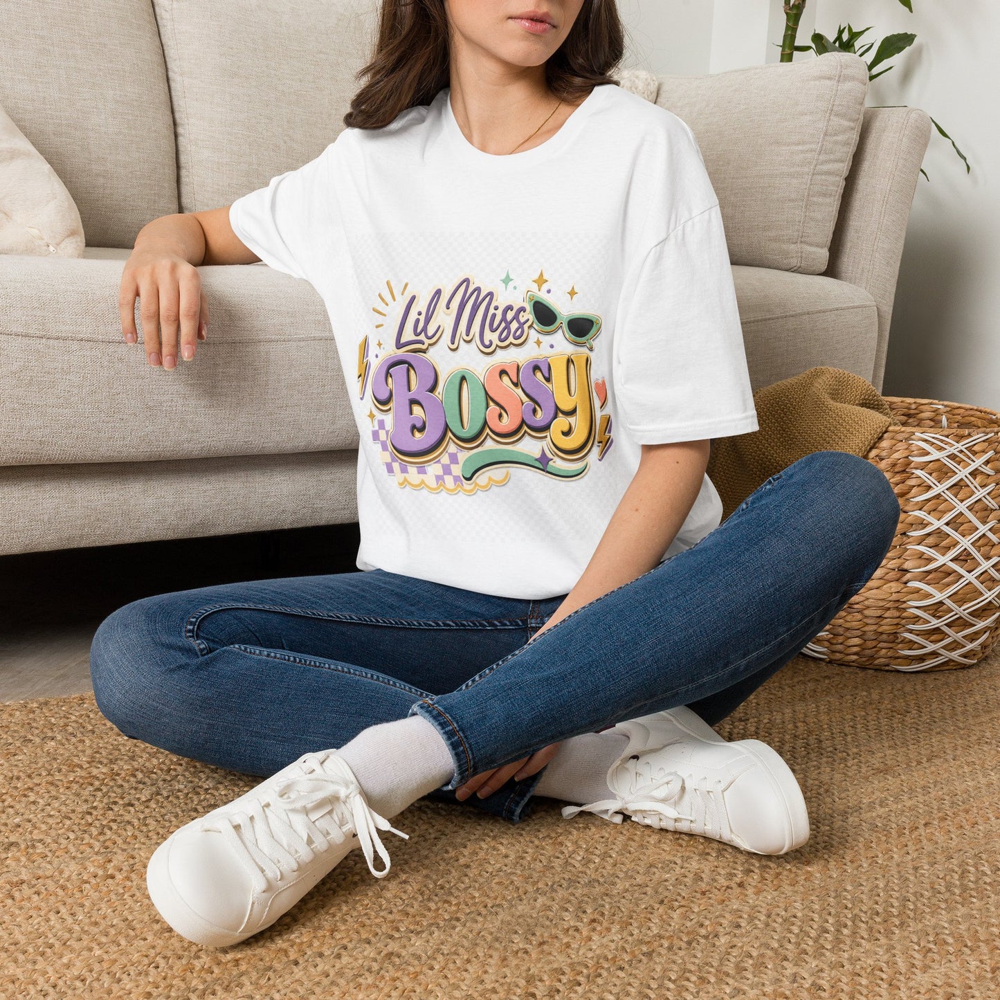 Lil Miss Bossy Graphic T-Shirt — Cute Retro Sunglasses Design