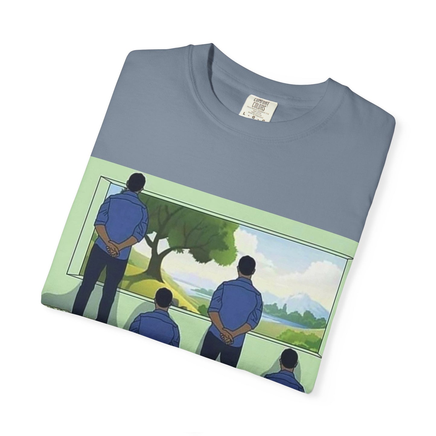 T-Shirt — 'Perspective' Graphic Tee (Figures Over Stacks, Scenic Window)