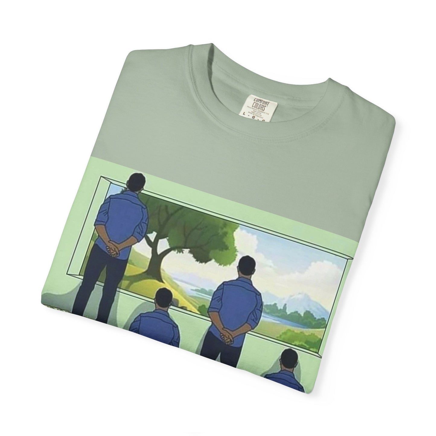 T-Shirt — 'Perspective' Graphic Tee (Figures Over Stacks, Scenic Window)