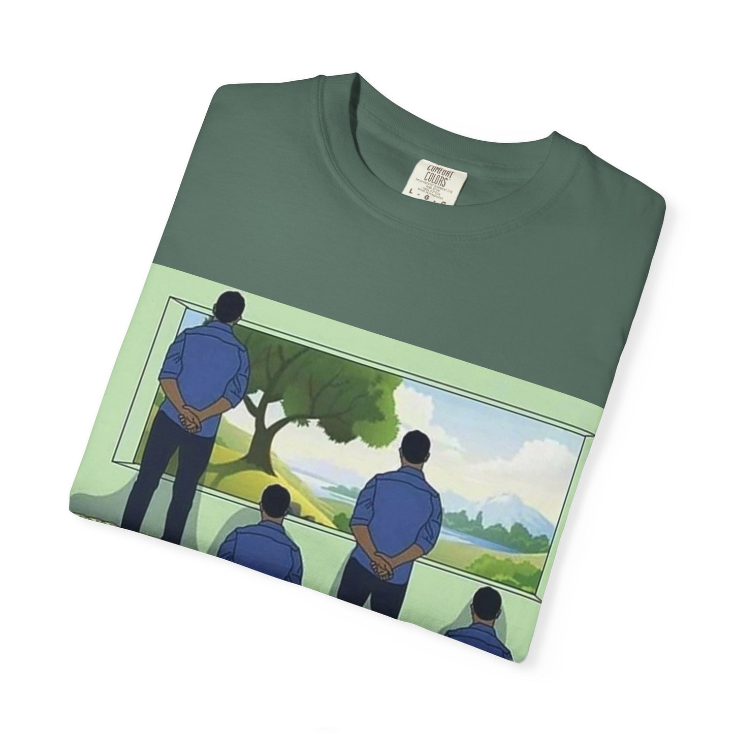 T-Shirt — 'Perspective' Graphic Tee (Figures Over Stacks, Scenic Window)